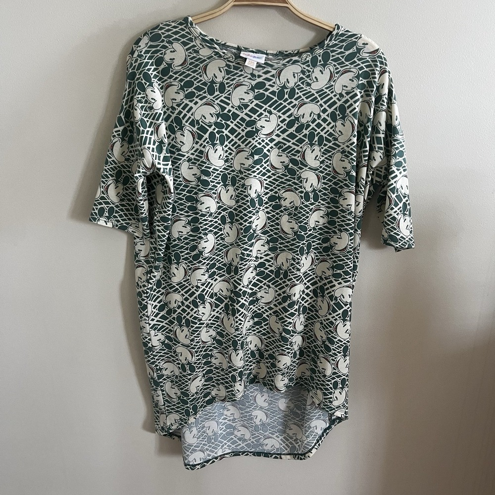 LuLaRoe Tunic Top XXS Mickey Disney Irma Green Short Sleeves High‎ Low Stretch